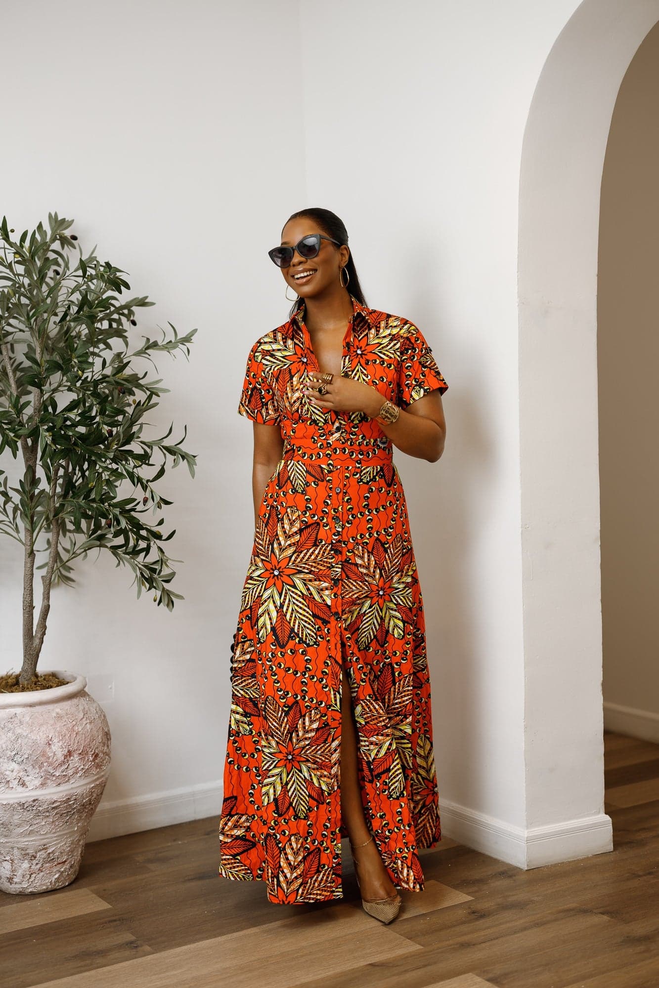 NANNY AFRICAN PRINT MAXI A-LINE SHIRT DRESS [ORANGE] - SMALL - Thumbnail 2