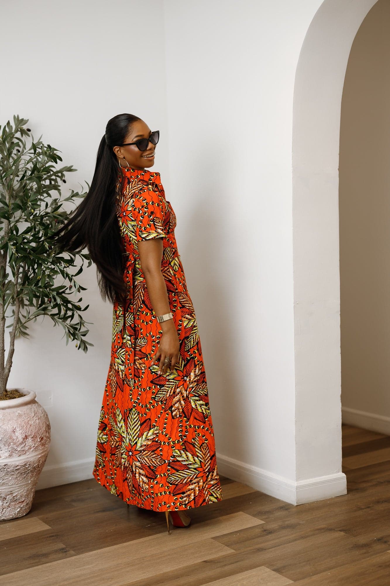 NANNY AFRICAN PRINT MAXI A-LINE SHIRT DRESS [ORANGE] - 3X-LARGE - Thumbnail 3