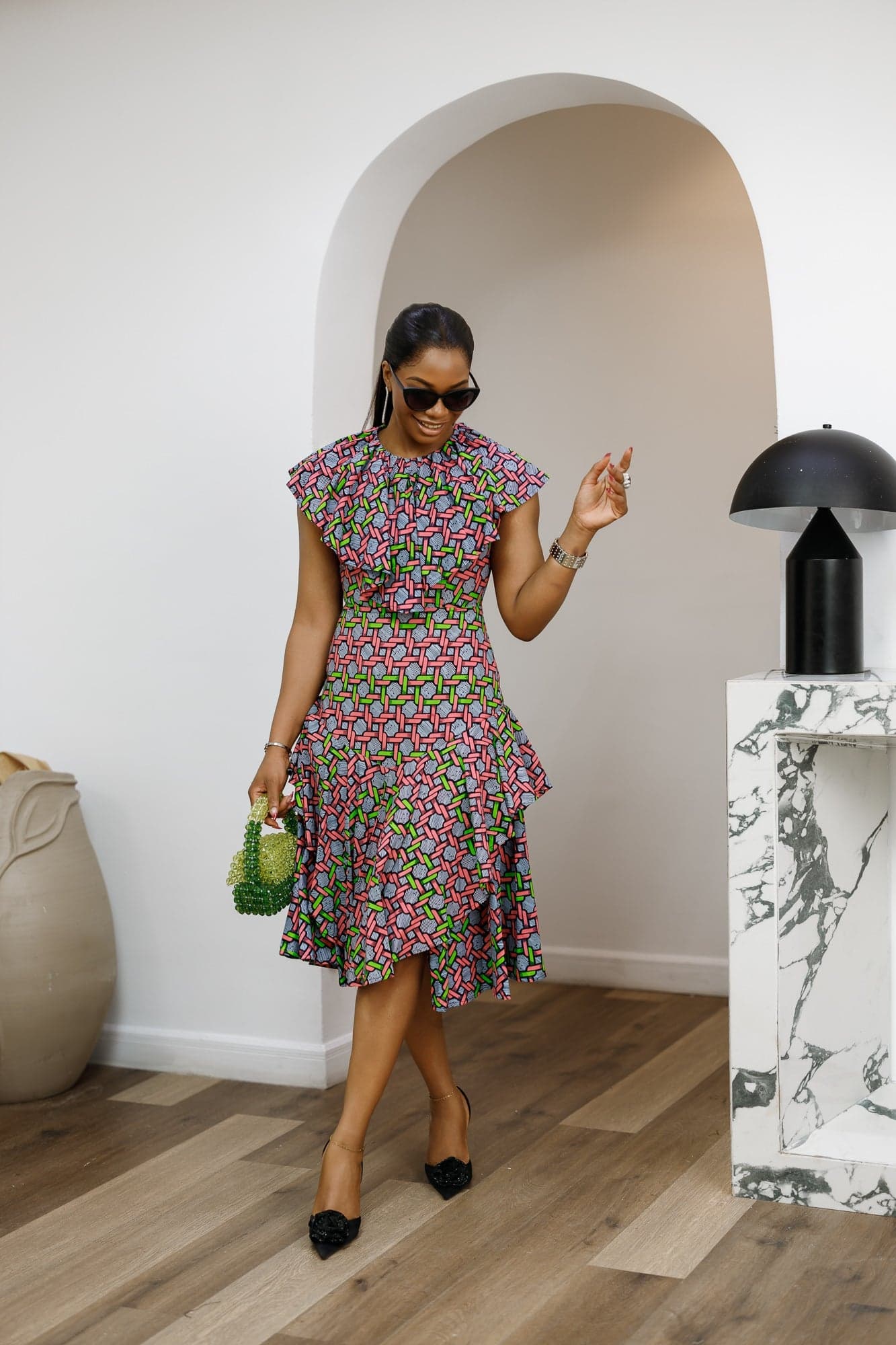 NALA AFRICAN PRINT RUFFLE NECK MIDI DRESS [PINK] - 2X-LARGE - Thumbnail 2