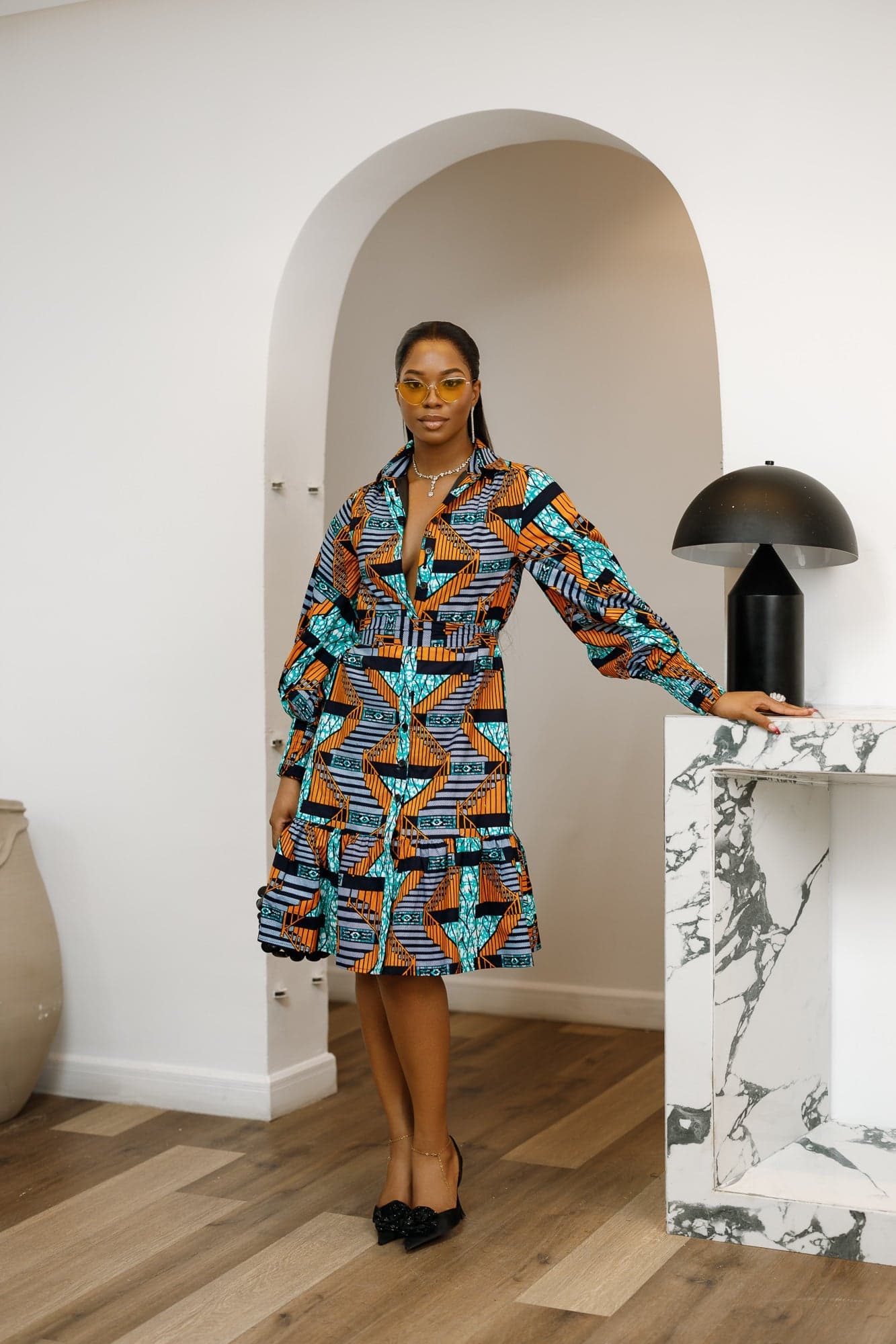 JUMOKE AFRICAN PRINT RUFFLE HEM SHIRT DRESS [MULTICOLOR] - SMALL - Thumbnail 3