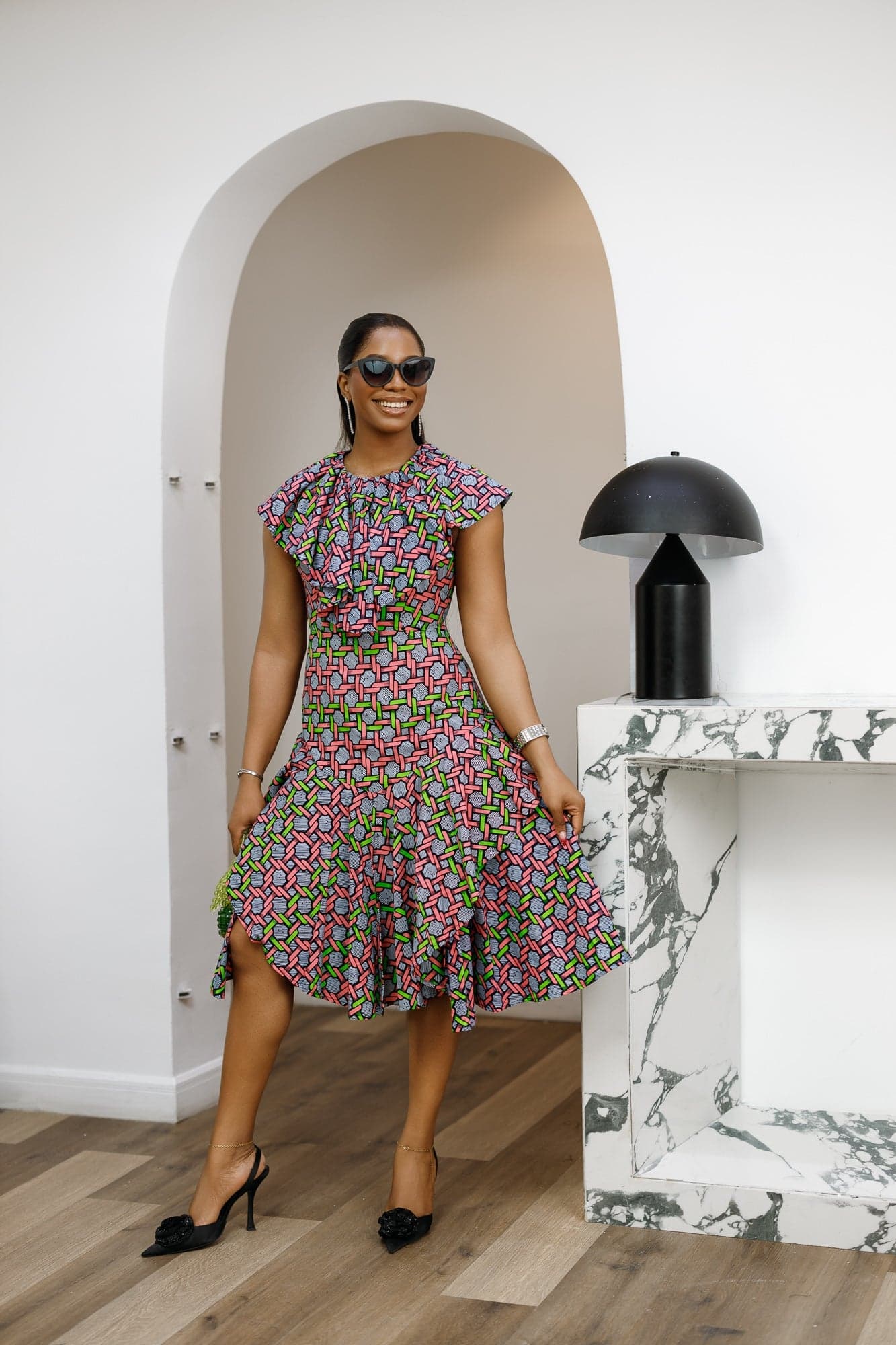 NALA AFRICAN PRINT RUFFLE NECK MIDI DRESS [PINK] - 3X-LARGE - Thumbnail 3