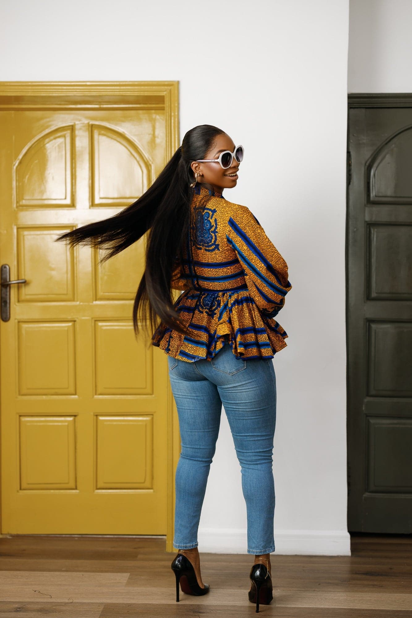 BIBI AFRICAN PRINT TIE NECK PEPLUM TOP [BLUE] - 1X-LARGE - Thumbnail 4