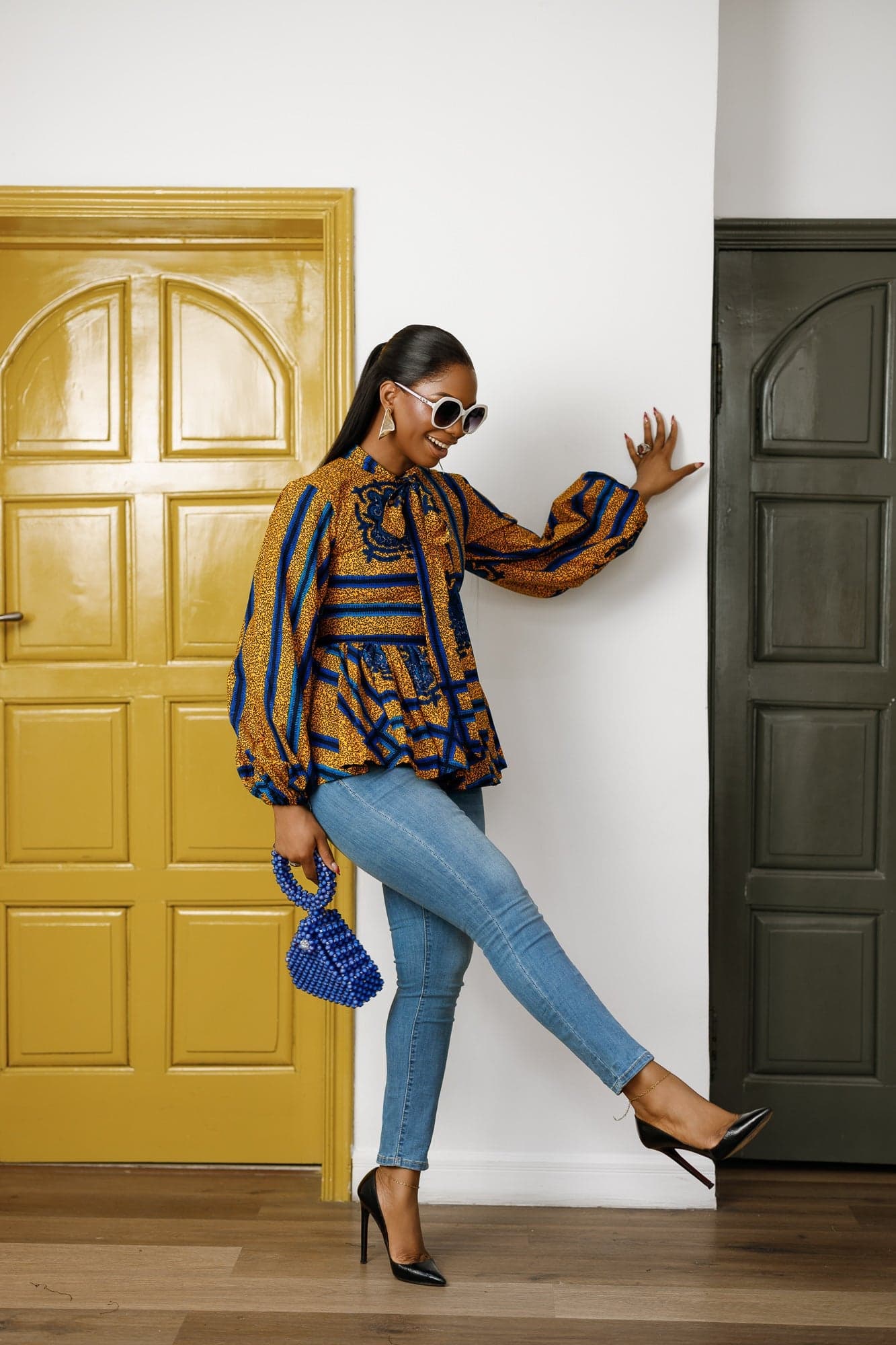 BIBI AFRICAN PRINT TIE NECK PEPLUM TOP [BLUE] - SMALL - Image 1