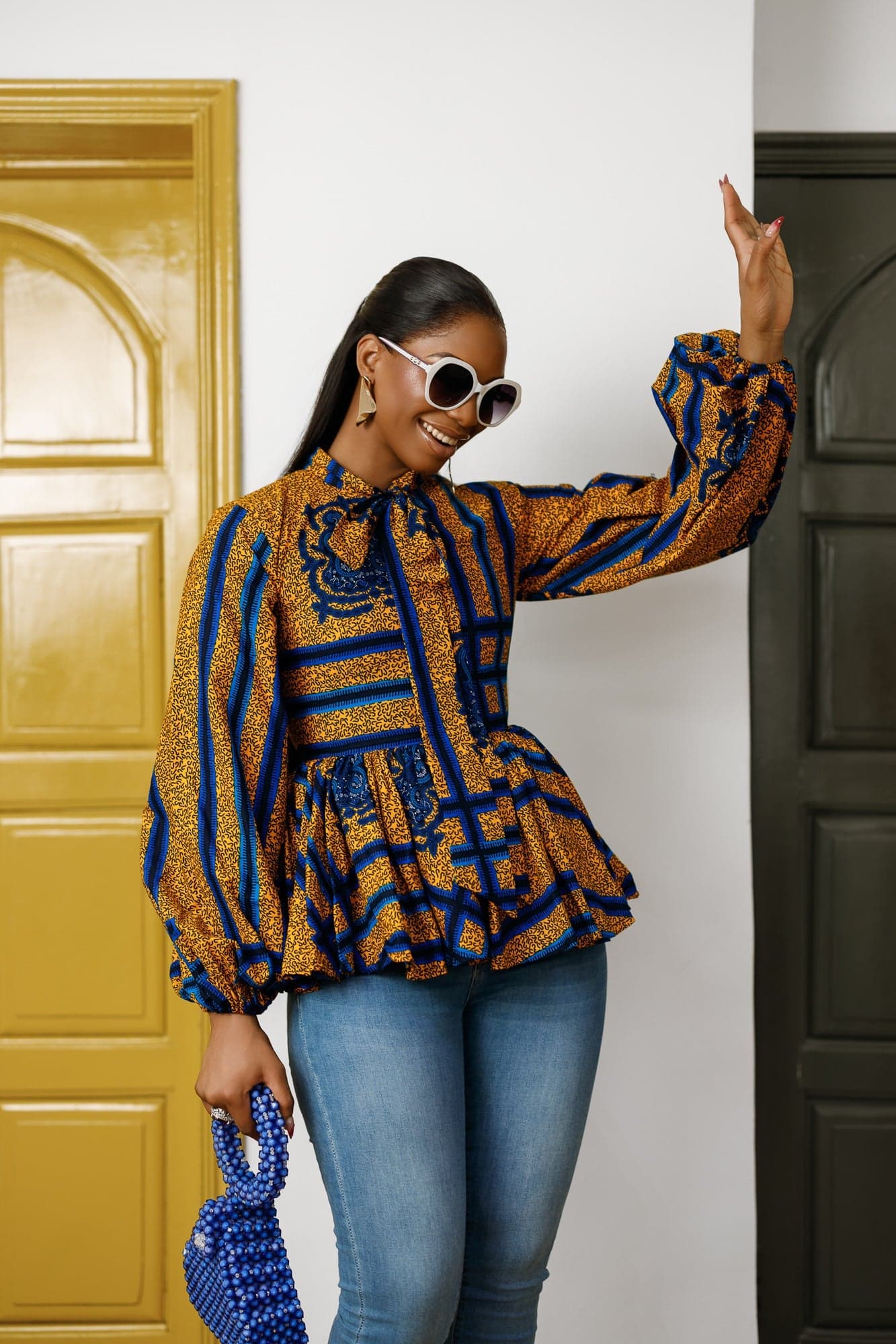 BIBI AFRICAN PRINT TIE NECK PEPLUM TOP [BLUE] - 2X-LARGE - Thumbnail 2