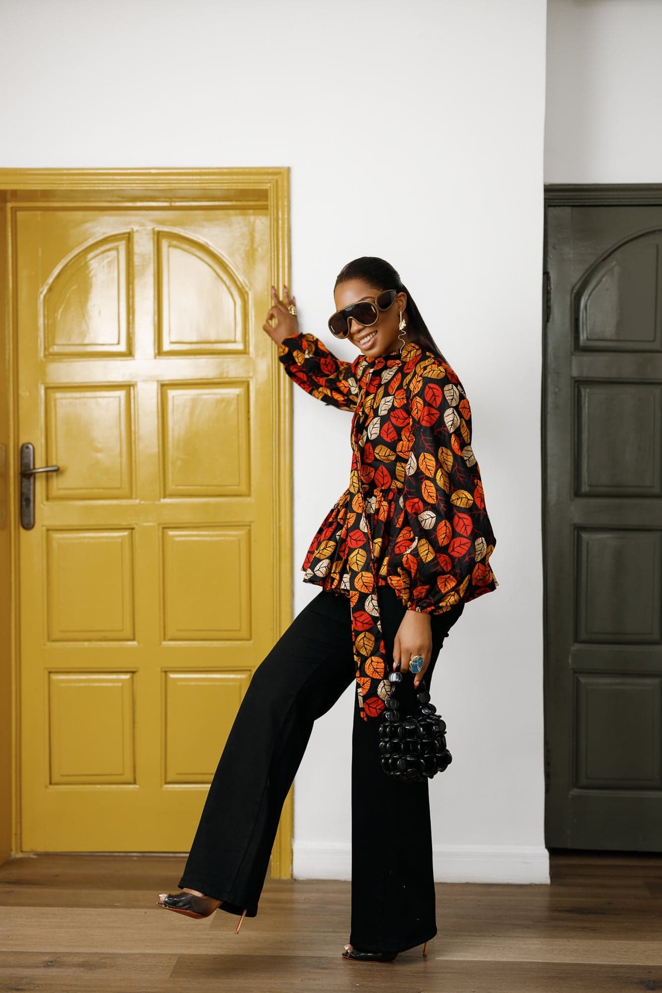 BIBI AFRICAN PRINT TIE NECK PEPLUM TOP [FLORAL] - 1X-LARGE - Thumbnail 2