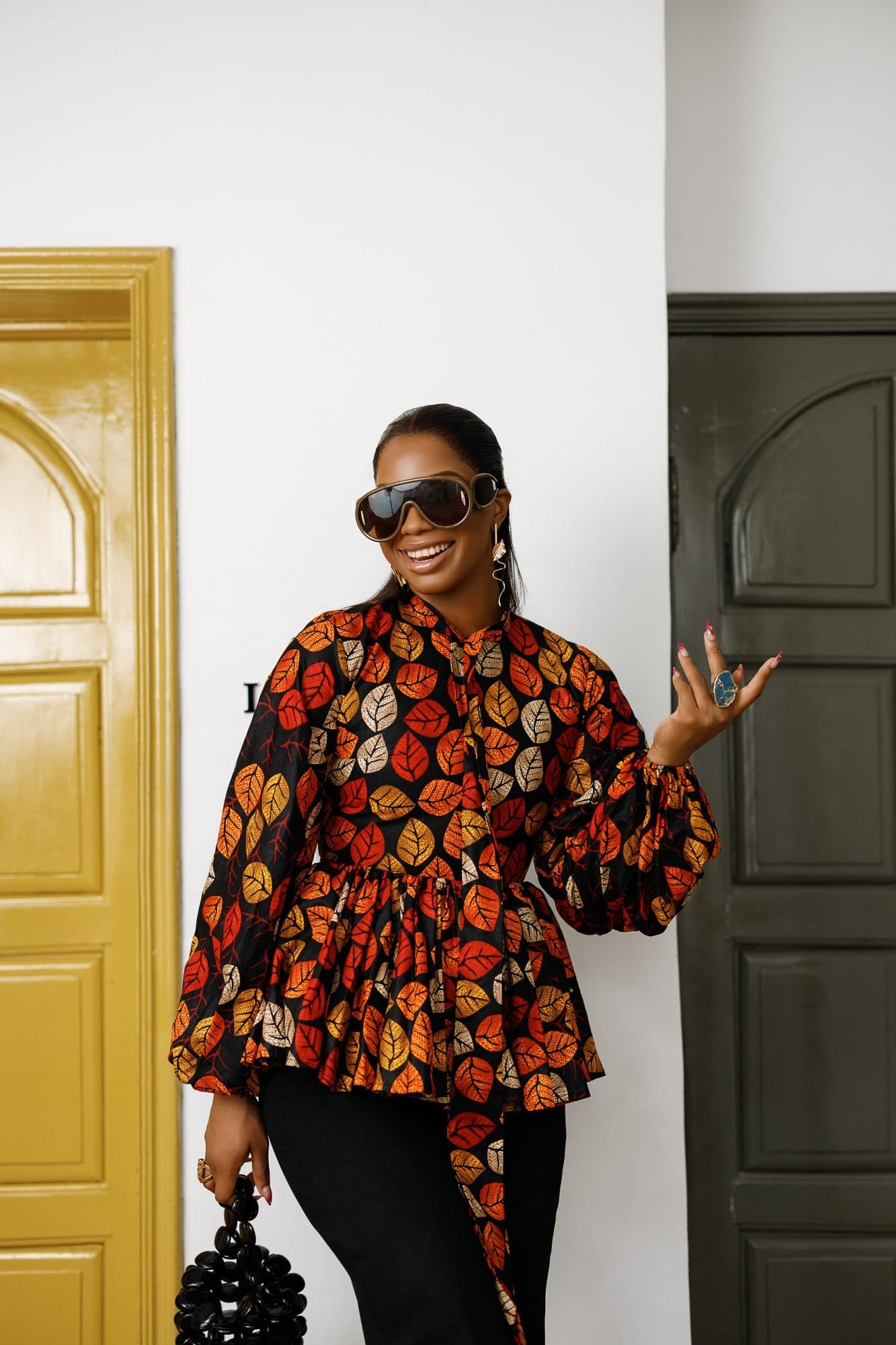 BIBI AFRICAN PRINT TIE NECK PEPLUM TOP [FLORAL] - MEDIUM - Image 1