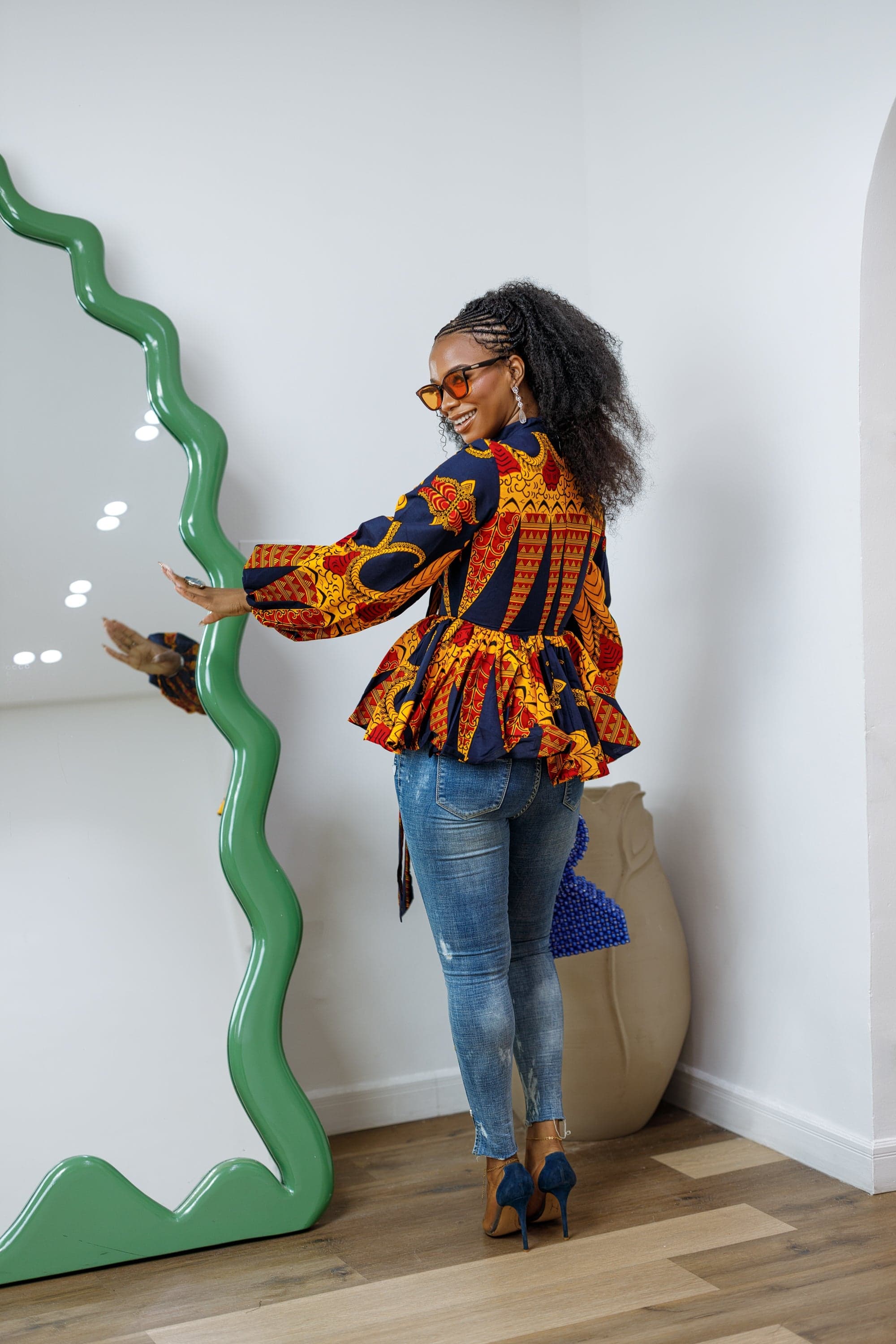 BIBI AFRICAN PRINT TIE NECK PEPLUM TOP [ORANGE] - LARGE - Thumbnail 4