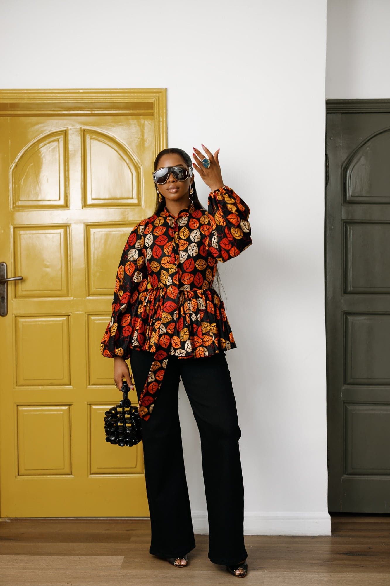 BIBI AFRICAN PRINT TIE NECK PEPLUM TOP [FLORAL] - 1X-LARGE - Thumbnail 3