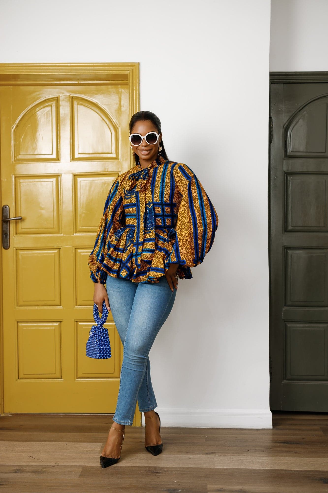 BIBI AFRICAN PRINT TIE NECK PEPLUM TOP [BLUE] - 3X-LARGE - Thumbnail 3