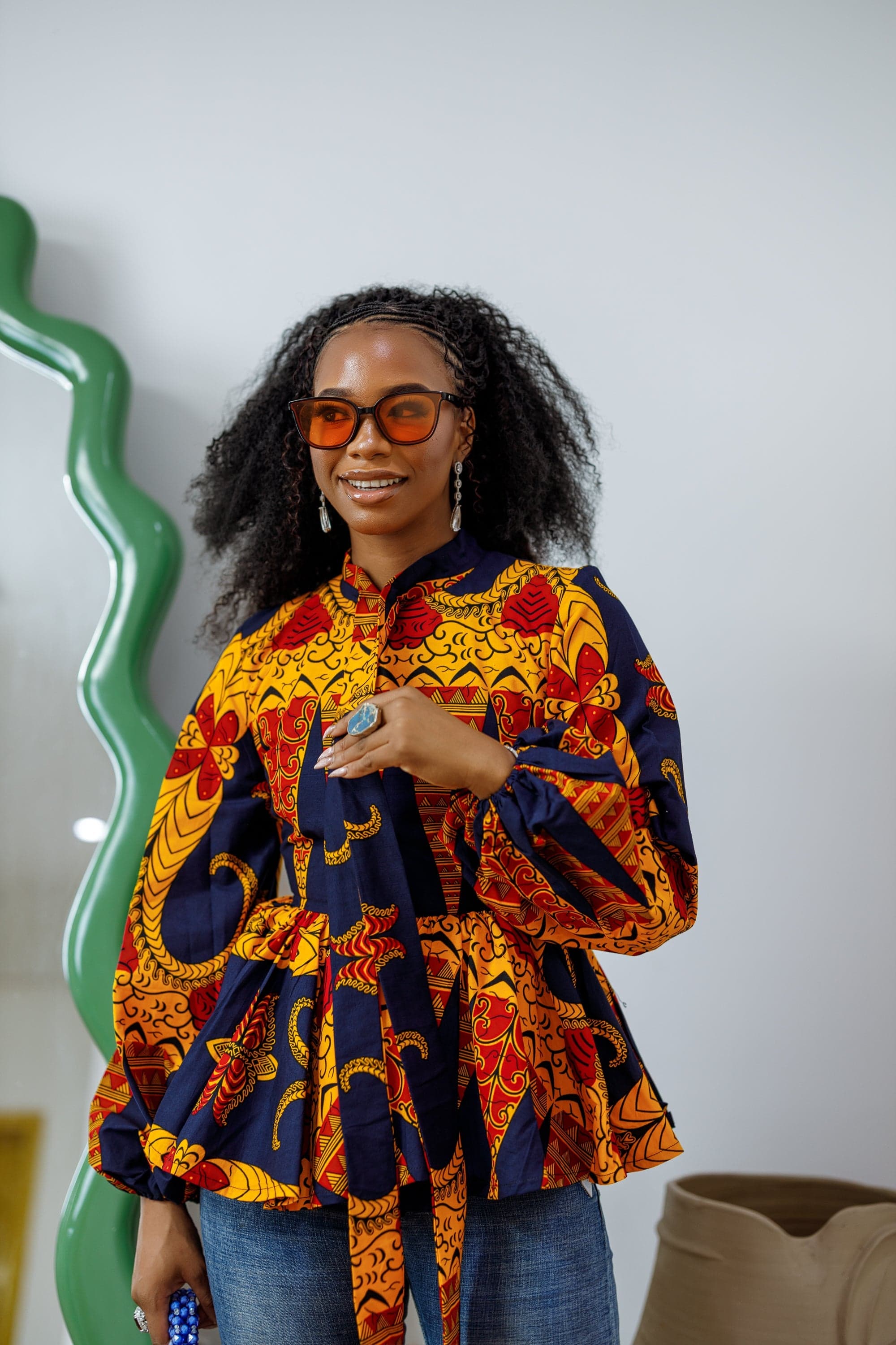 BIBI AFRICAN PRINT TIE NECK PEPLUM TOP [ORANGE] - LARGE - Thumbnail 3