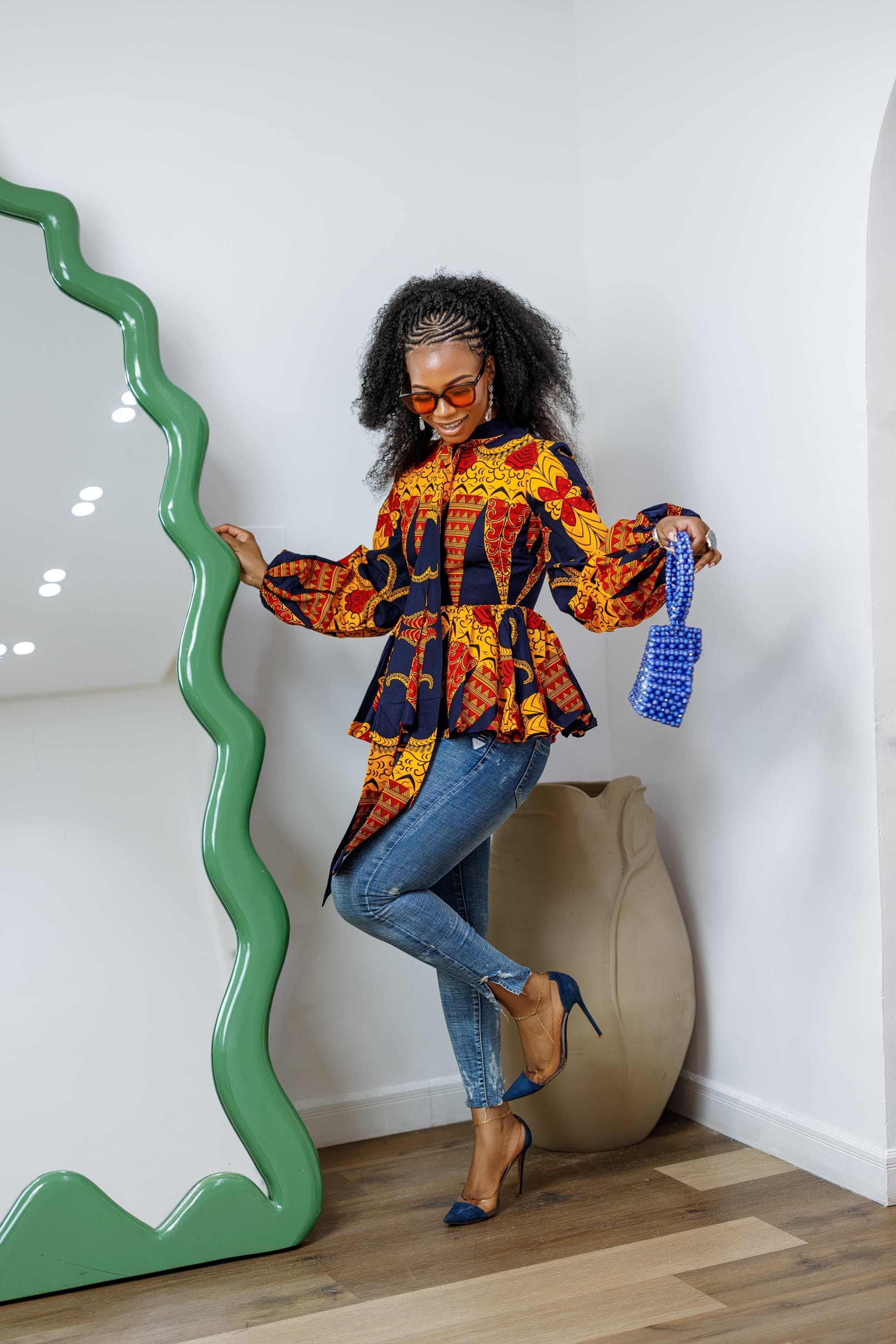 BIBI AFRICAN PRINT TIE NECK PEPLUM TOP [ORANGE] - MEDIUM - Image 1