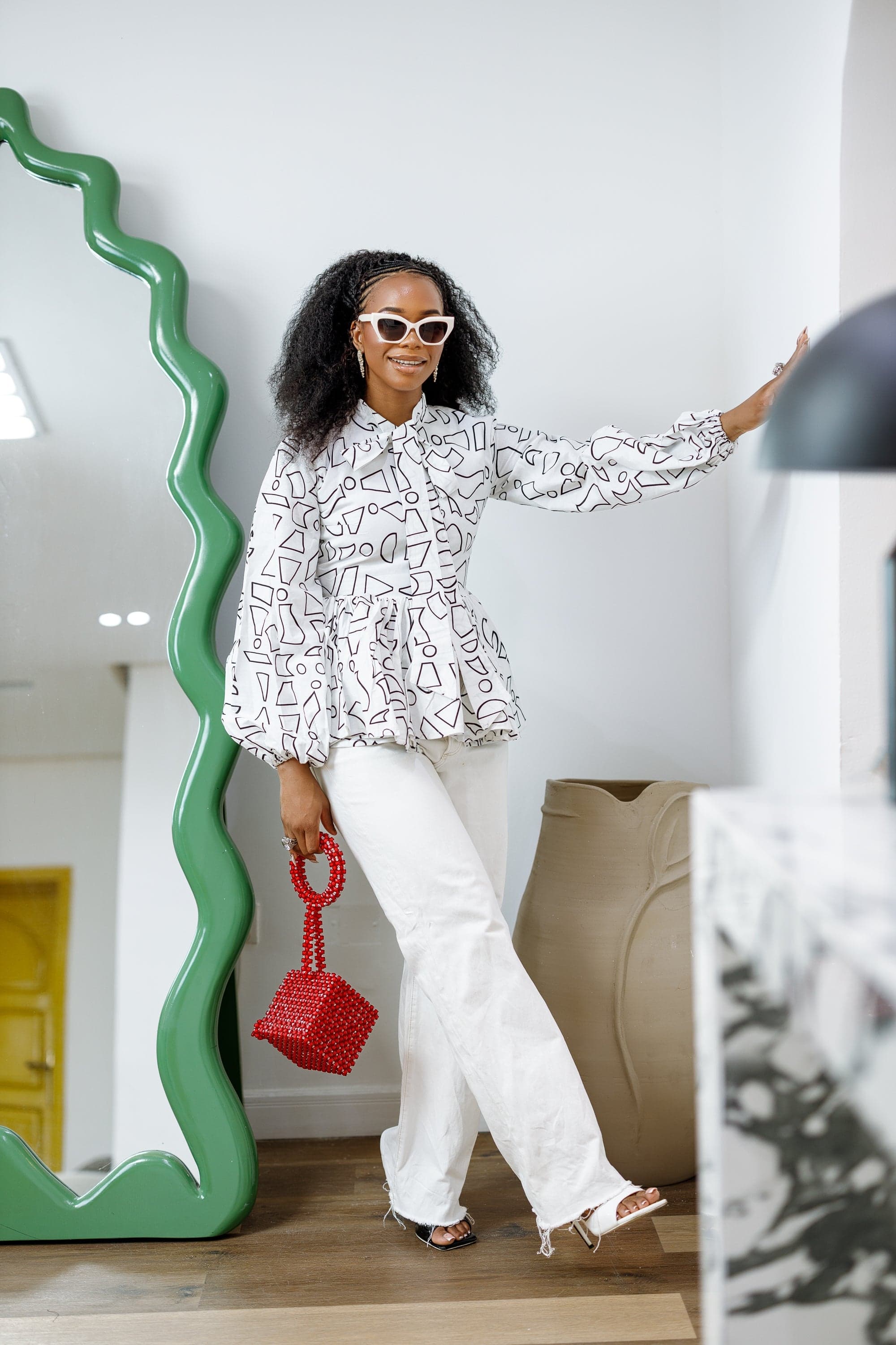 BIBI AFRICAN PRINT TIE NECK PEPLUM TOP [WHITE] - SMALL - Thumbnail 3