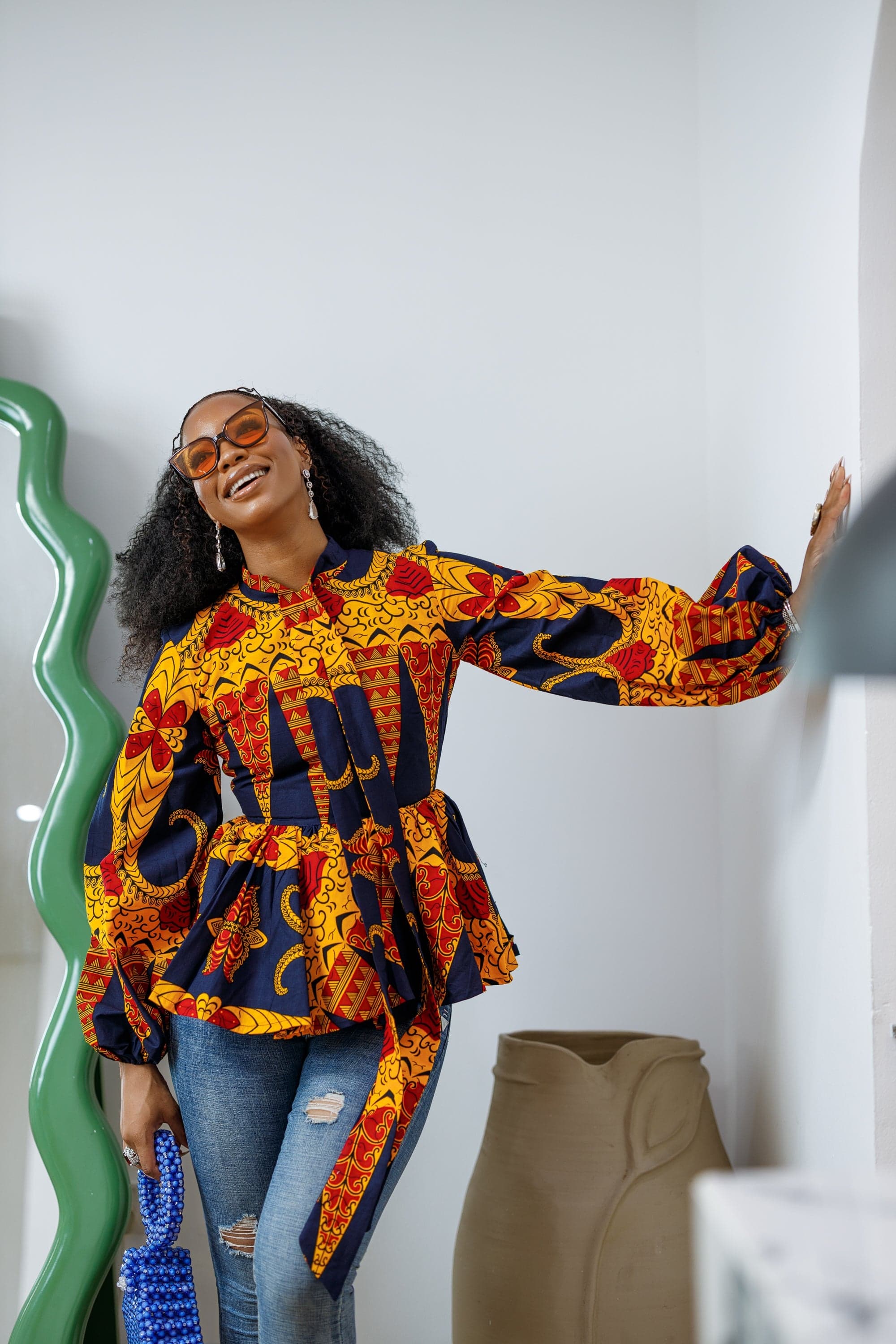 BIBI AFRICAN PRINT TIE NECK PEPLUM TOP [ORANGE] - SMALL - Thumbnail 2