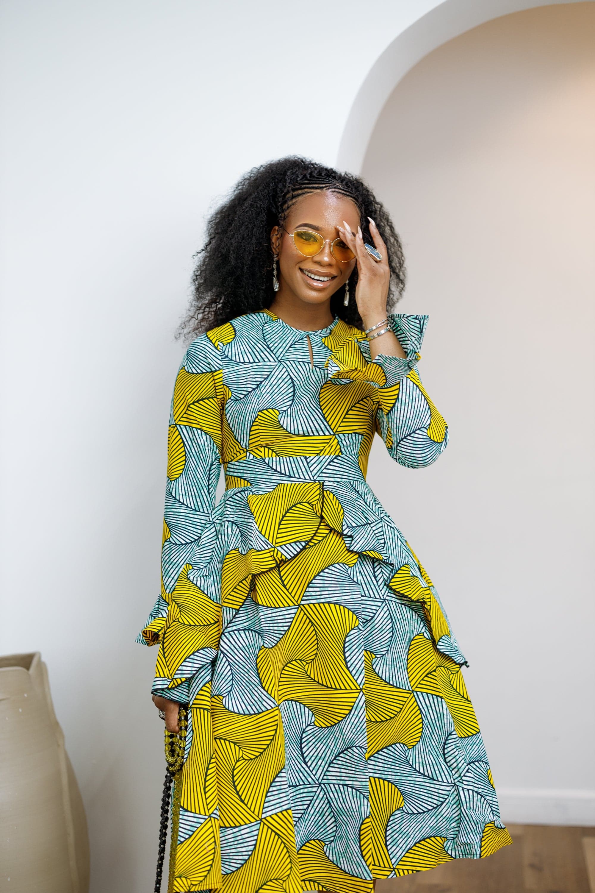 KOFI AFRICAN PRINT LAYERED FLARE MIDI DRESS [TEAL GREEN] - LARGE - Image 1
