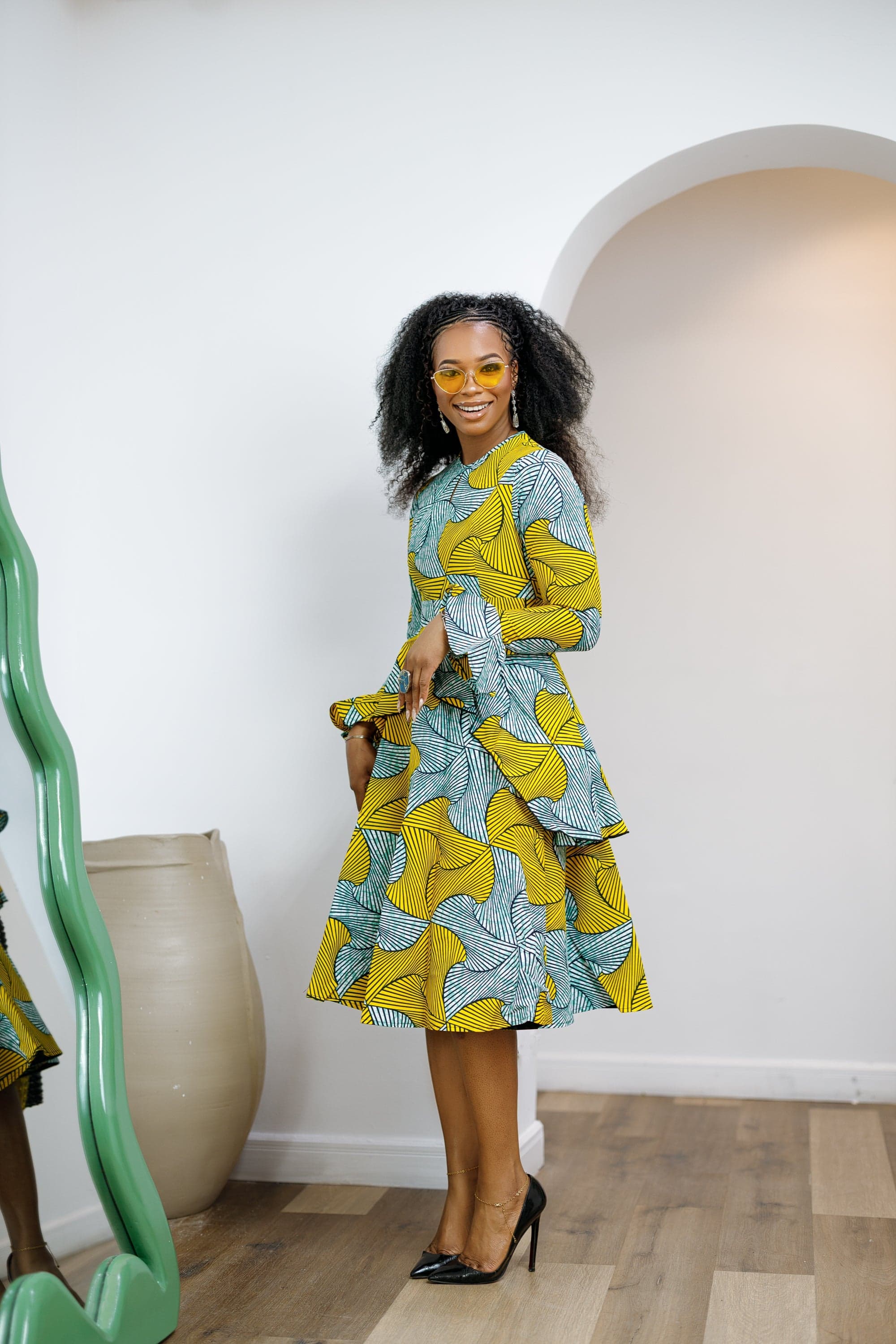 KOFI AFRICAN PRINT LAYERED FLARE MIDI DRESS [TEAL GREEN] - LARGE - Thumbnail 3