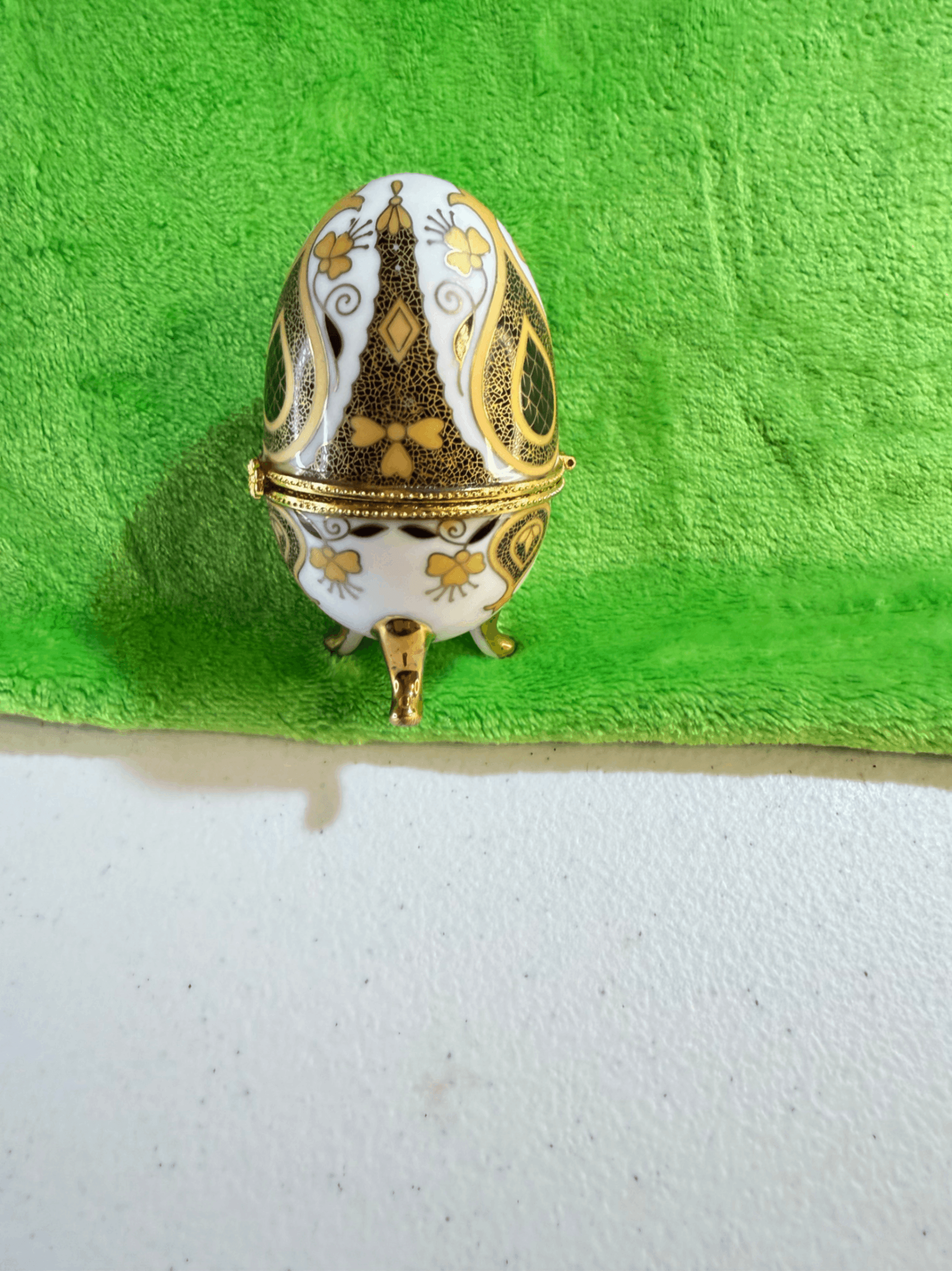 Faberge Style Porcelain Hinged Egg Trinket Box Gold White Footed Decorative - Image 1