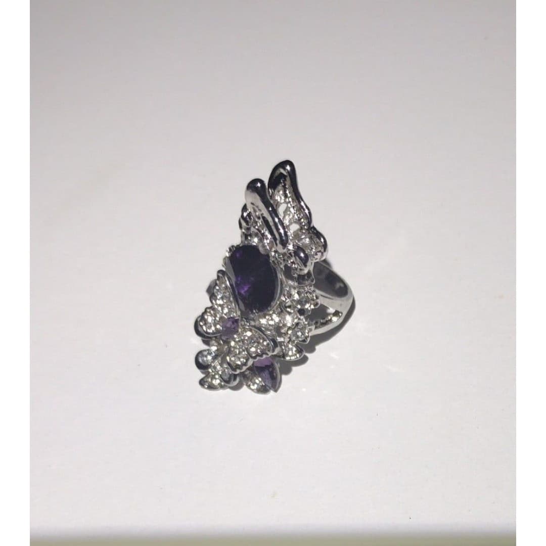 Butterfly Statement Ring - Amethyst Purple Stone - Adjustable Costume Jewelry - Thumbnail 8