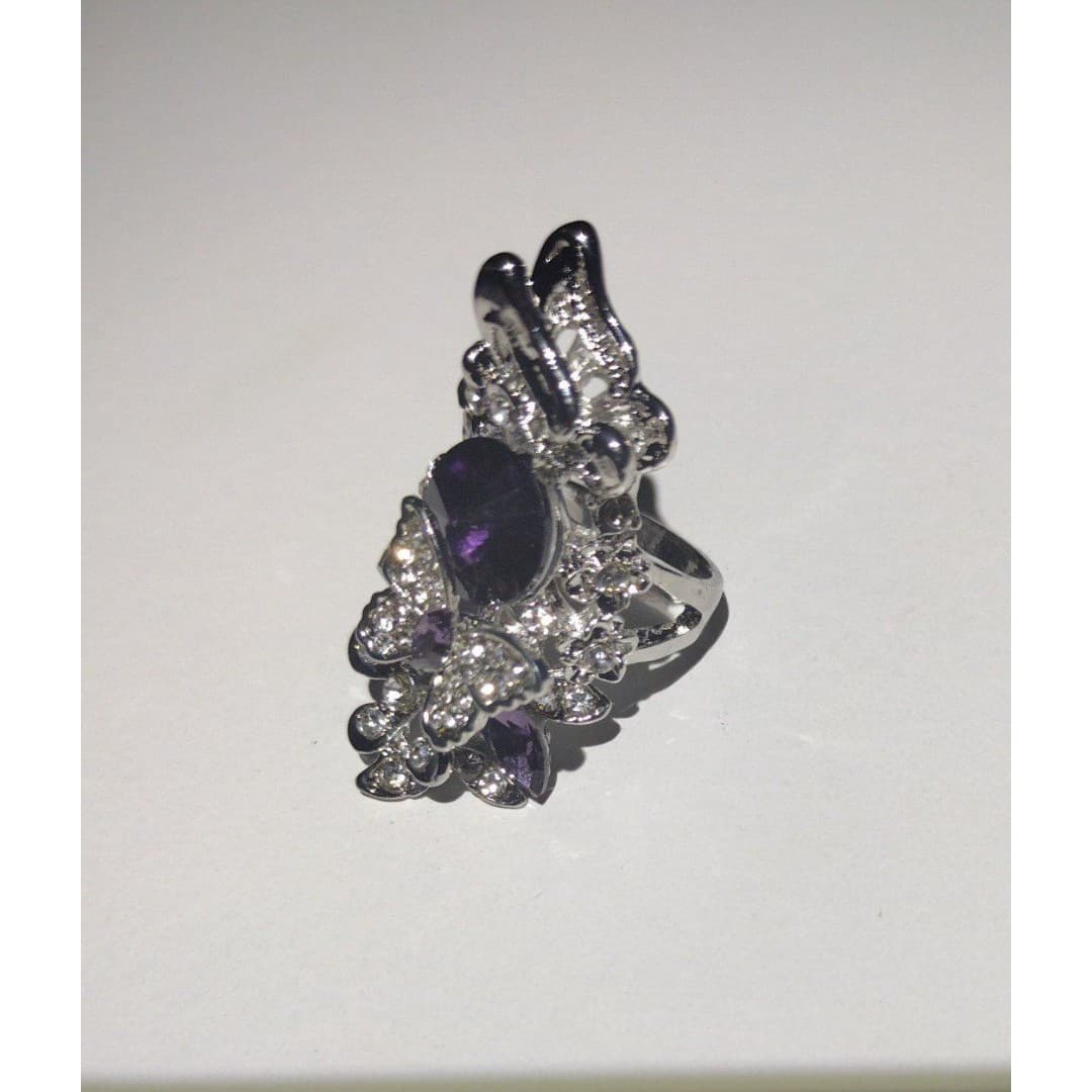 Butterfly Statement Ring - Amethyst Purple Stone - Adjustable Costume Jewelry - Thumbnail 4