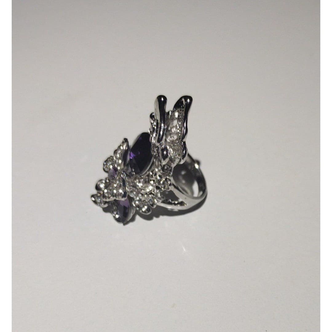 Butterfly Statement Ring - Amethyst Purple Stone - Adjustable Costume Jewelry - Thumbnail 2