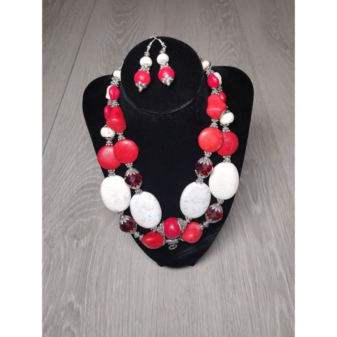 Necklace & Earrings - Handmade - Red & White Statement Set - Image 1