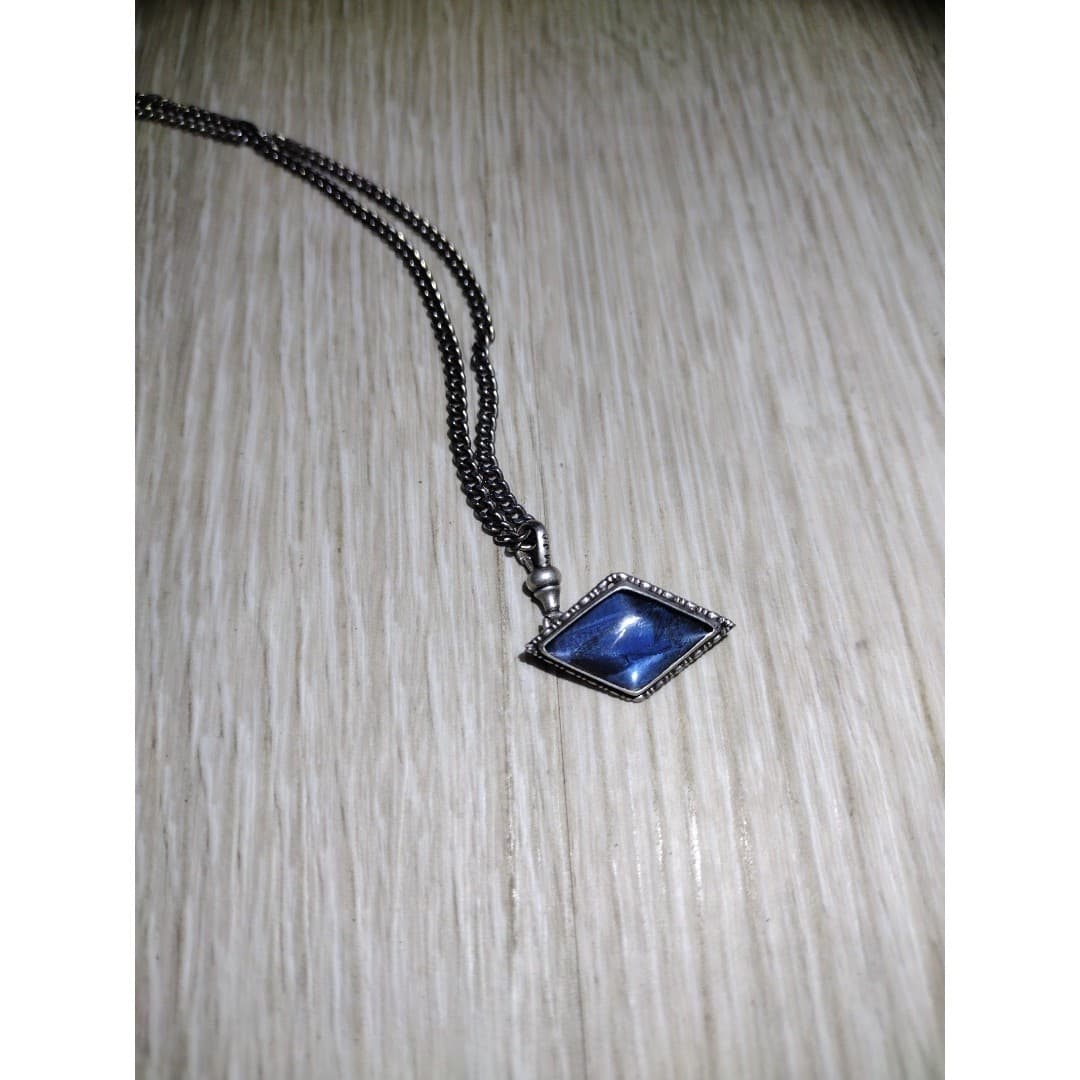 Art Deco - British Morpho Butterfly Wing Sterling Silver Diamond Shap Necklace - Thumbnail 2