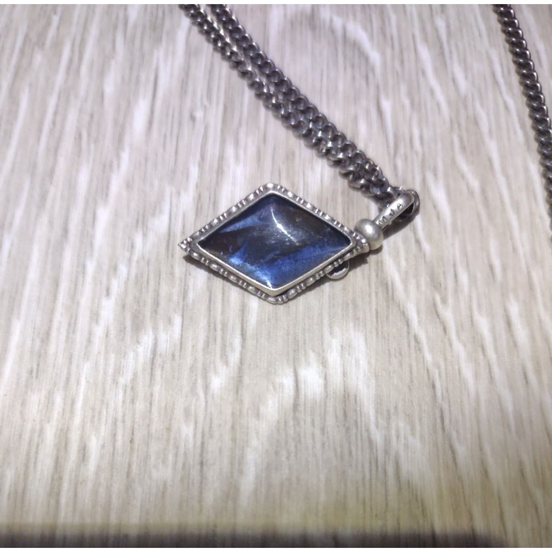 Art Deco - British Morpho Butterfly Wing Sterling Silver Diamond Shap Necklace - Thumbnail 7