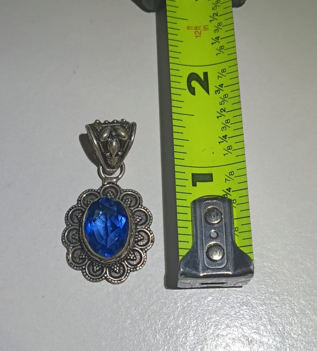Vintage Looking | 925 Sterling Silver | Blue Sapphire Color | Filigree Pendant - Thumbnail 5