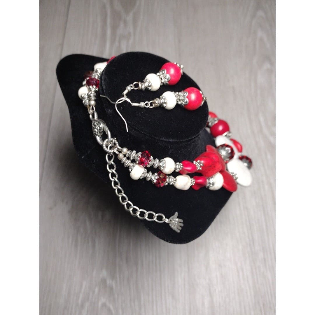Necklace & Earrings - Handmade - Red & White Statement Set - Thumbnail 5