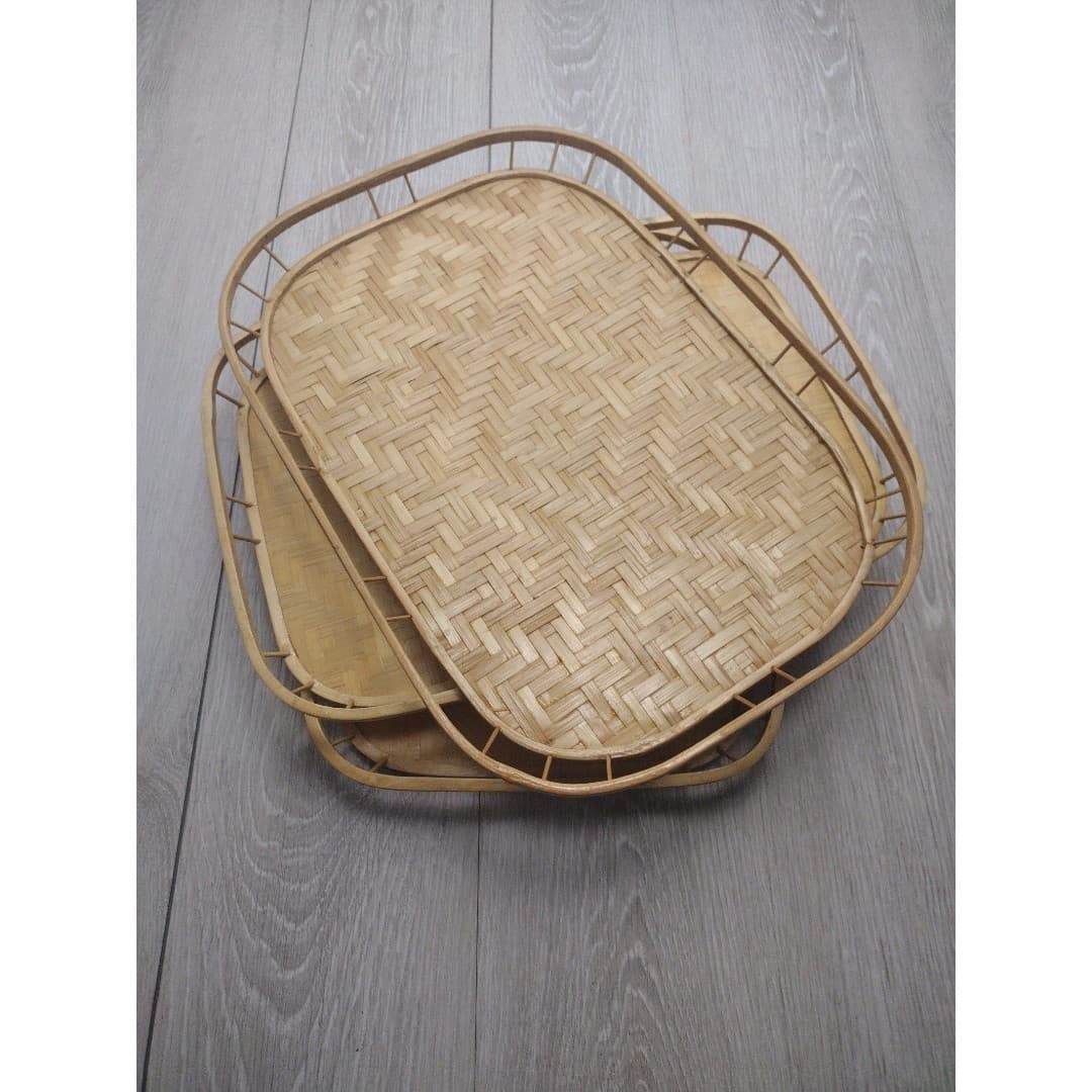 Vintage - Set of 3 - Bamboo Rattan Serving Trays - Stacking Woven Wicker - EUC - Thumbnail 4