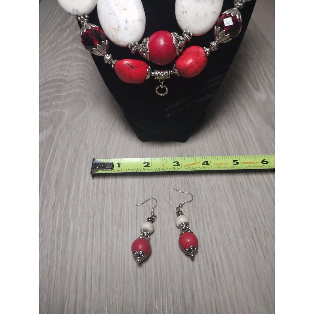 Necklace & Earrings - Handmade - Red & White Statement Set - Thumbnail 9