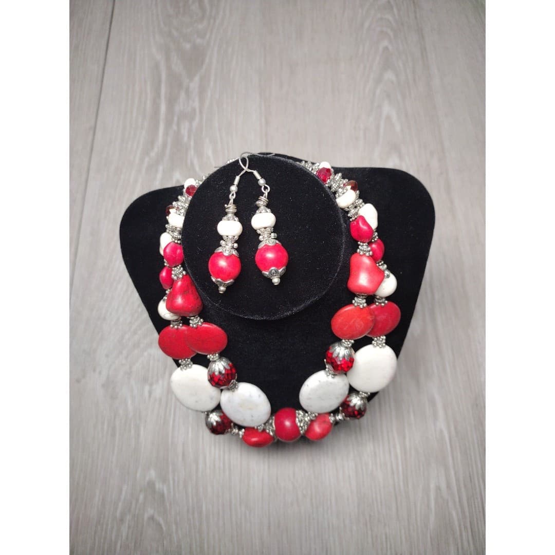 Necklace & Earrings - Handmade - Red & White Statement Set - Thumbnail 2