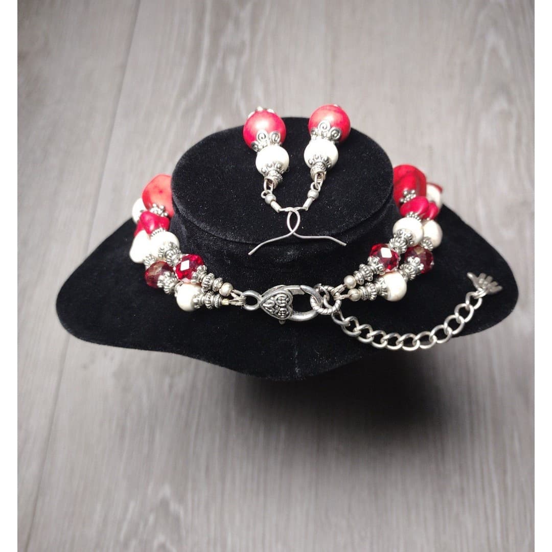 Necklace & Earrings - Handmade - Red & White Statement Set - Thumbnail 4