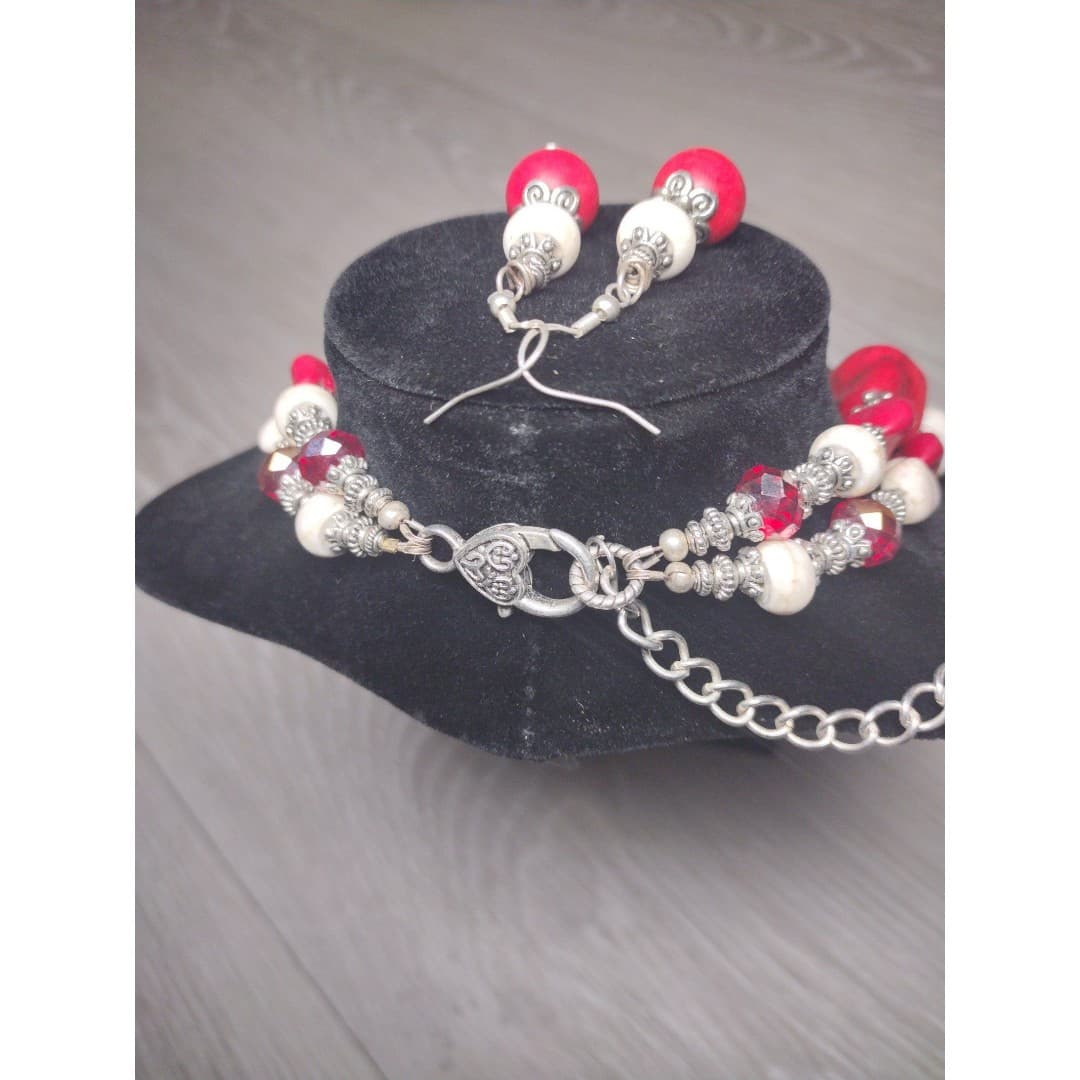 Necklace & Earrings - Handmade - Red & White Statement Set - Thumbnail 7