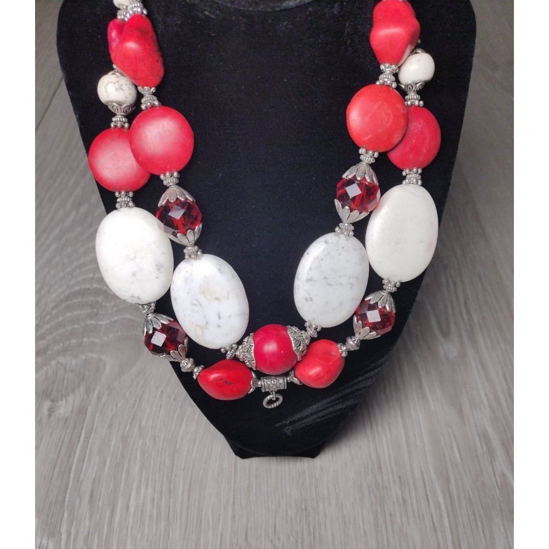 Necklace & Earrings - Handmade - Red & White Statement Set - Thumbnail 3