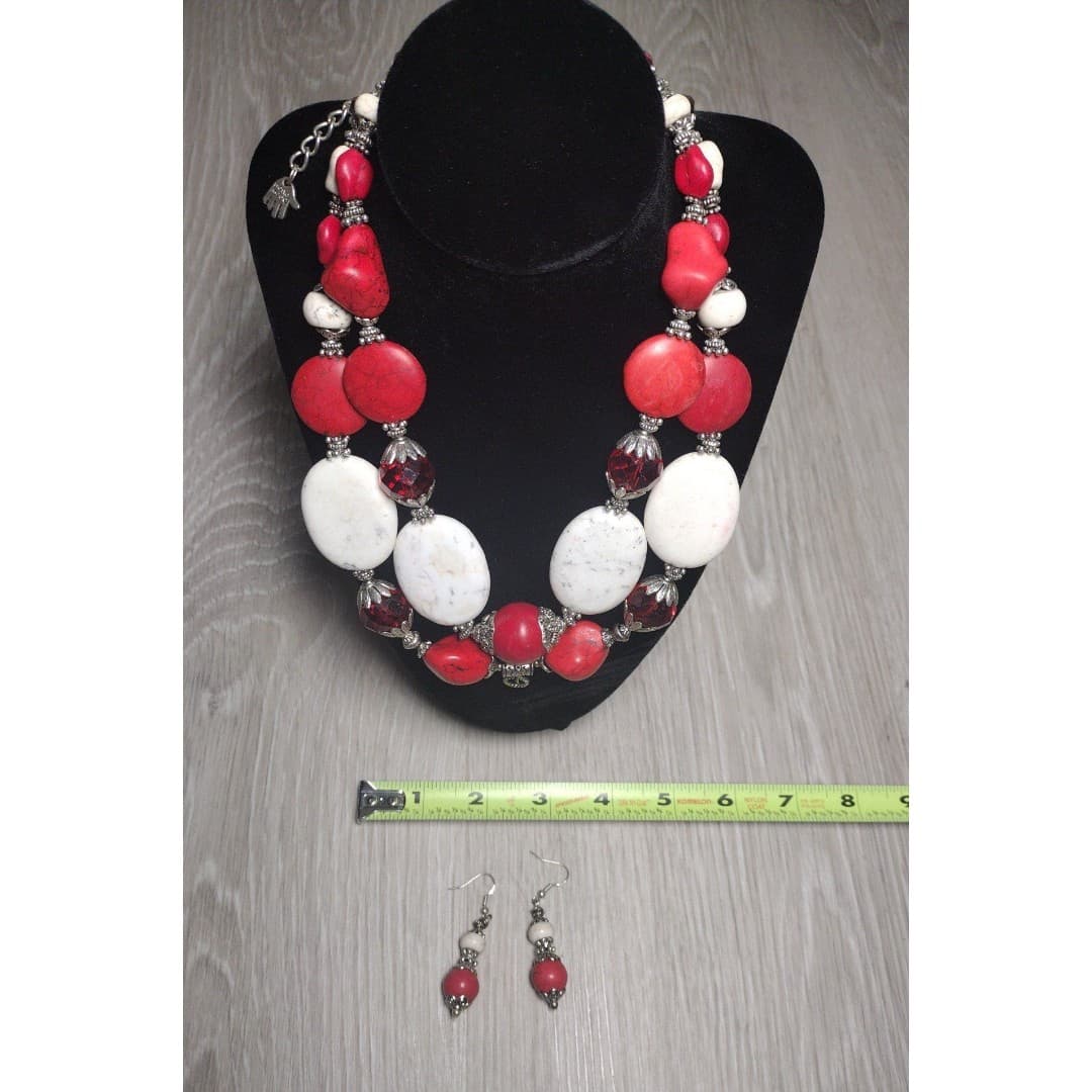 Necklace & Earrings - Handmade - Red & White Statement Set - Thumbnail 8