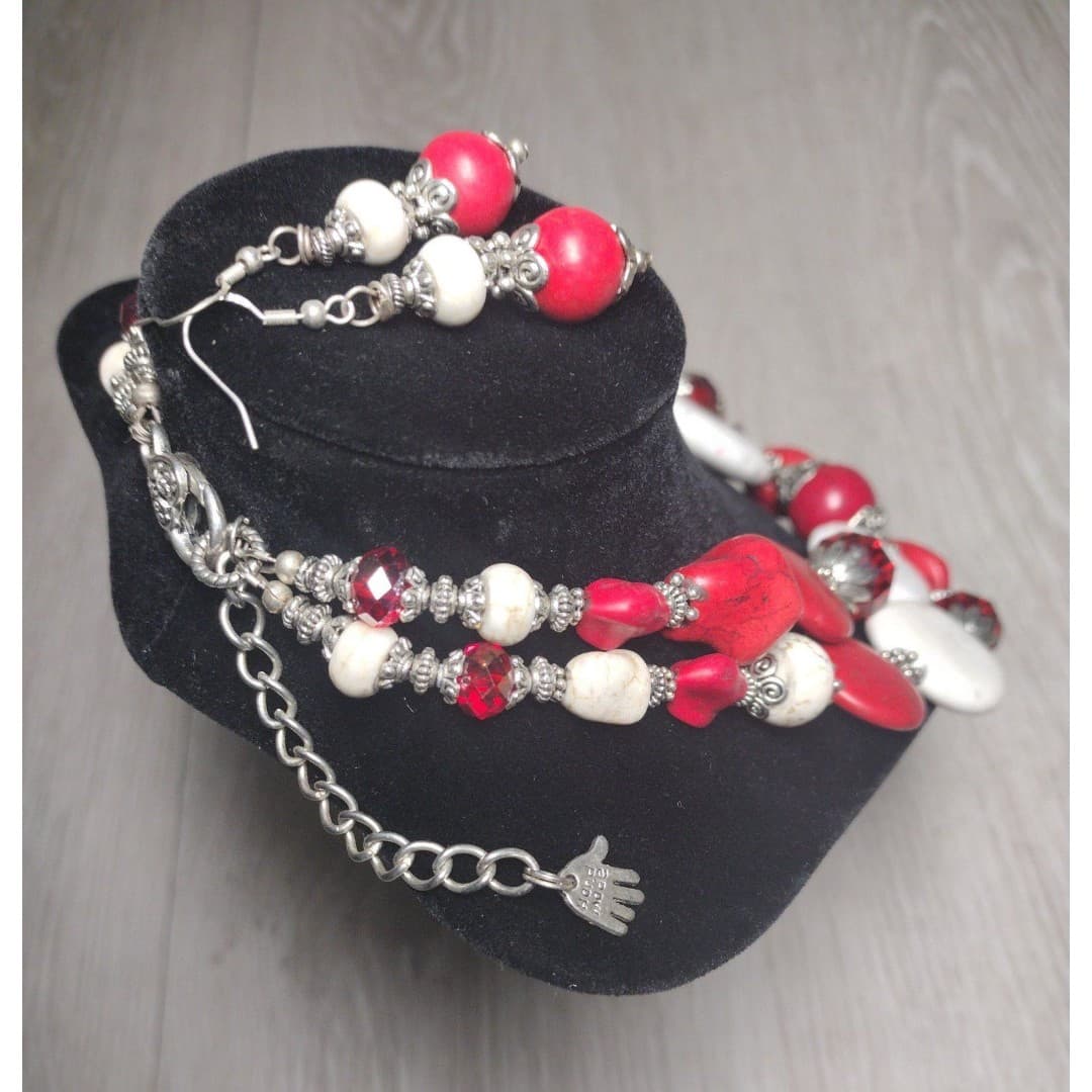 Necklace & Earrings - Handmade - Red & White Statement Set - Thumbnail 6