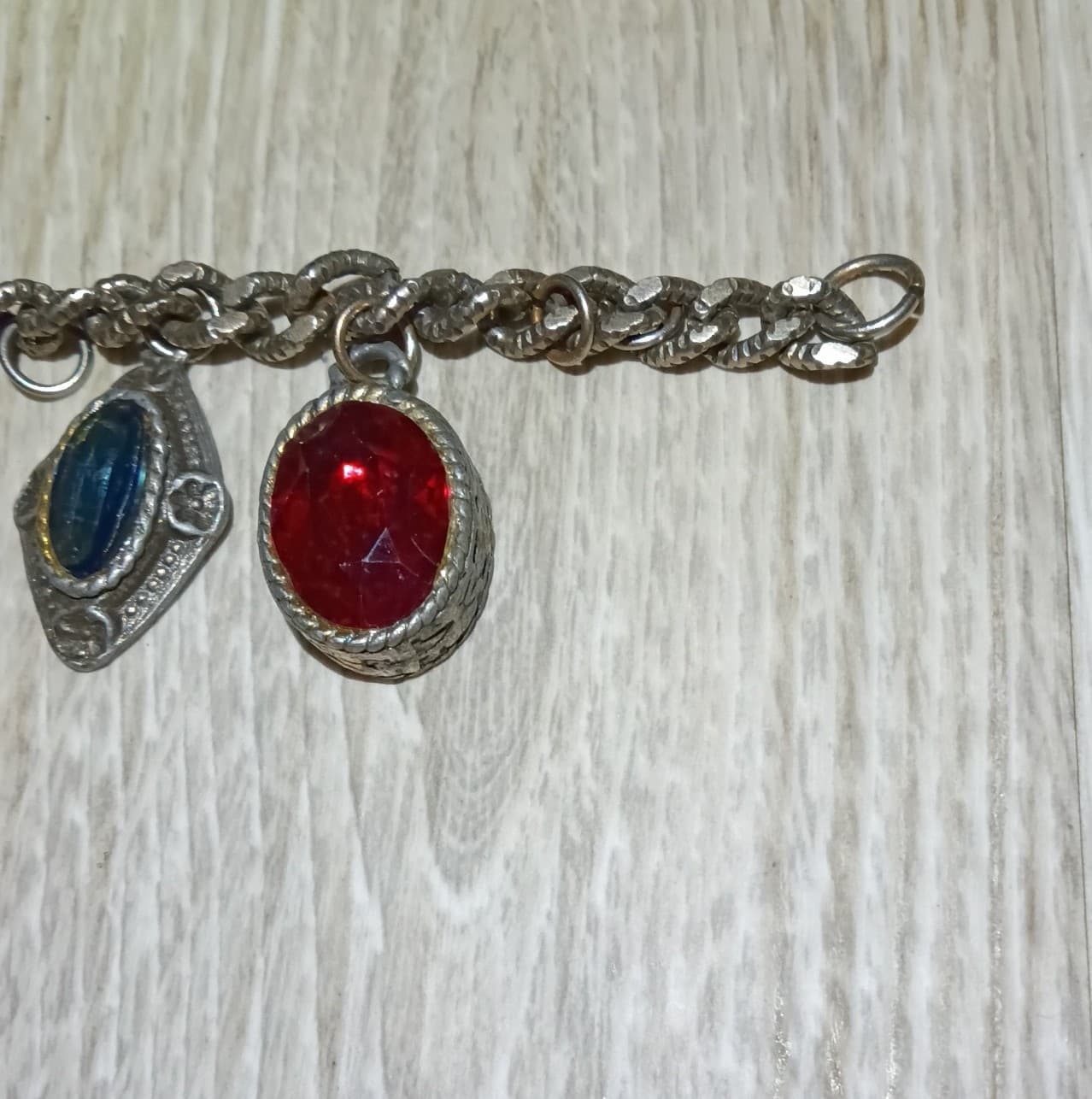 Vintage Silver Tone Cabochon Charm Bracelet 1960s Mid Century Art Glass Stone - Thumbnail 6