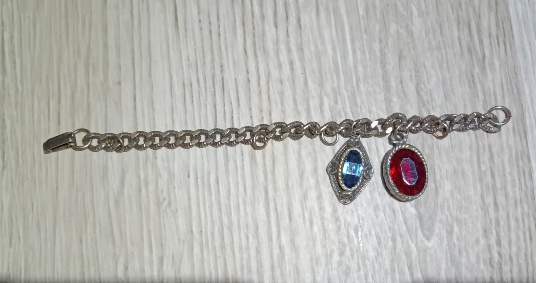 Vintage Silver Tone Cabochon Charm Bracelet 1960s Mid Century Art Glass Stone - Image 1