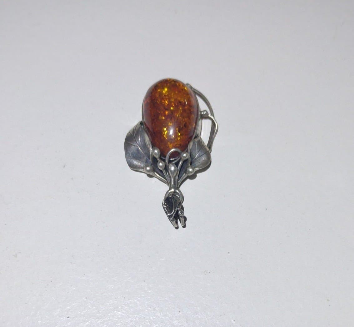 Beautiful Vintage Lrg Sterling Silver Amber Pendant - Delicate Vine Detailing - Thumbnail 5