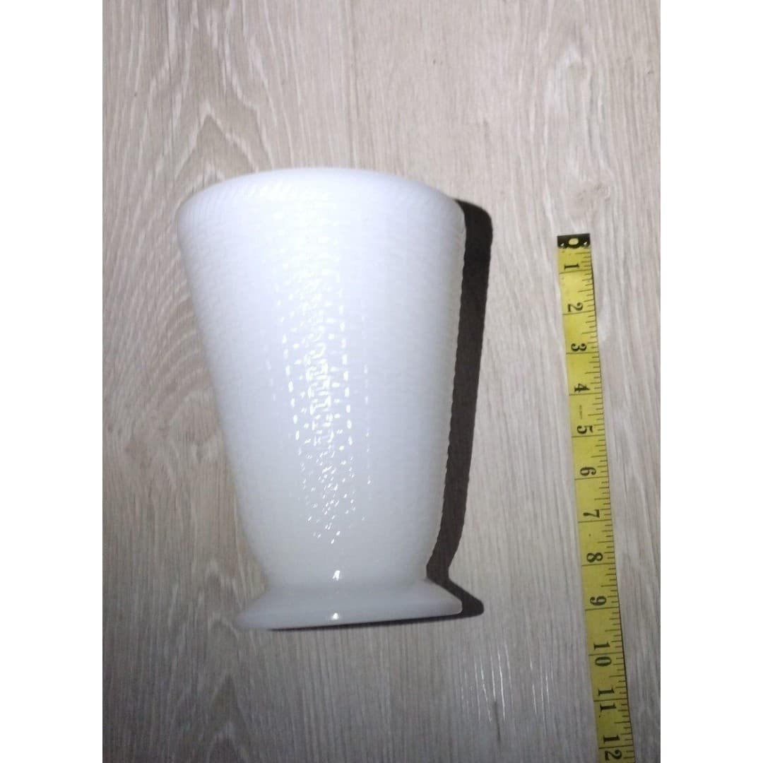 Vintage White Milk Glass Basket Weave LARGE Footed Vase 8.5" Tall - Thumbnail 4
