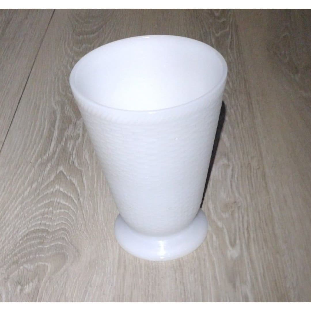 Vintage White Milk Glass Basket Weave LARGE Footed Vase 8.5" Tall - Image 1