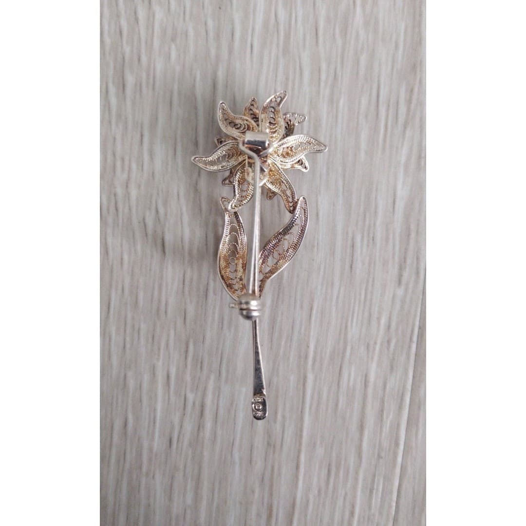 Italy 925 Vintage Filigree Floral Brooch - Thumbnail 3