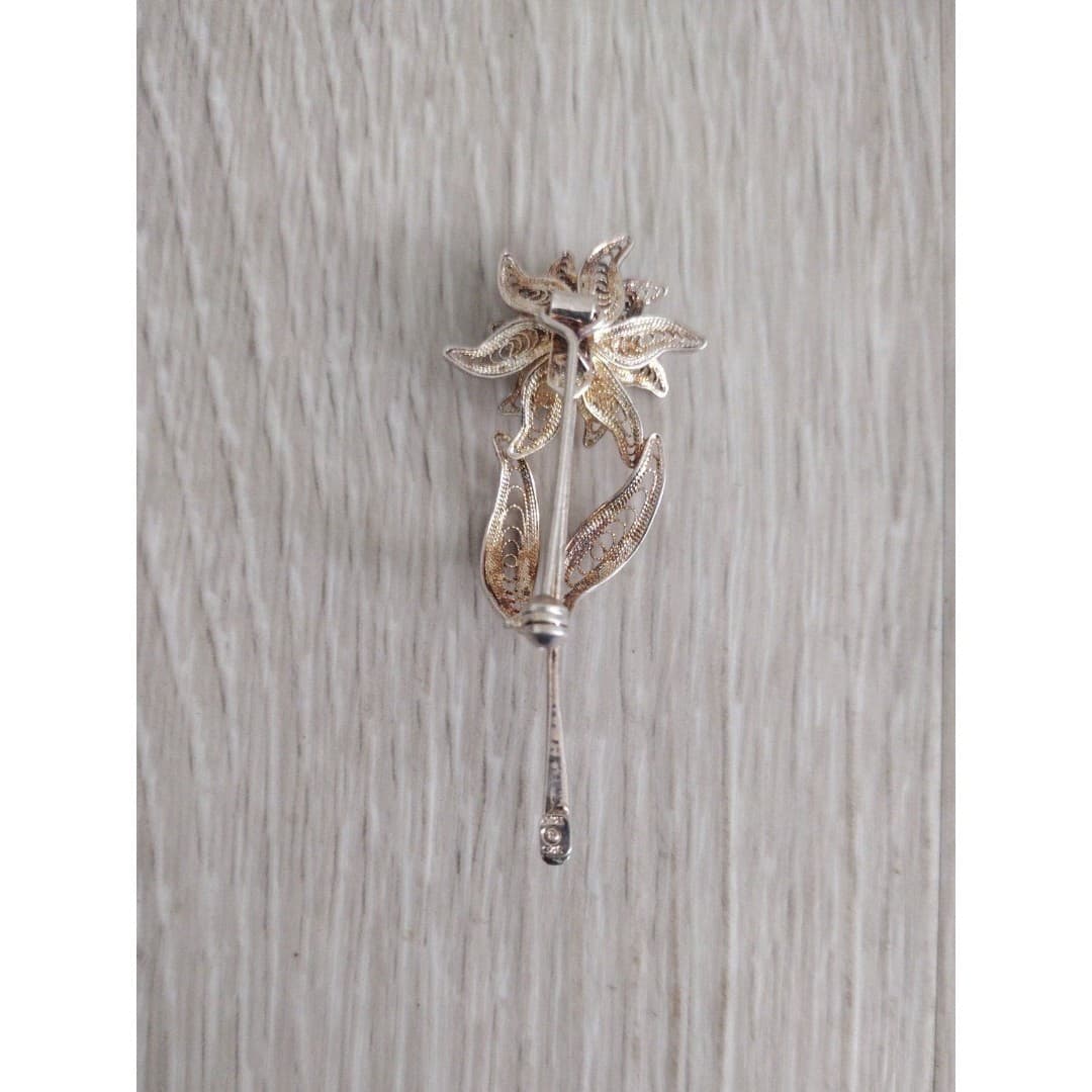 Italy 925 Vintage Filigree Floral Brooch - Thumbnail 5