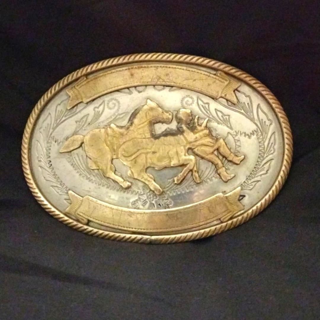 Steer Wrestler German Silver Belt Buckle - Vintage 1960's - Image 1