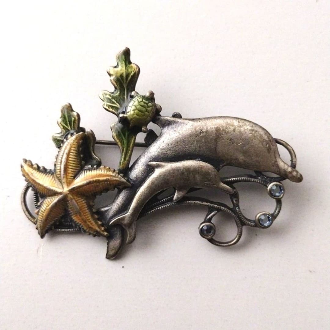 Vintage (KC)Kenneth Cole Signed -Underwater Brooch - Dolphin Ocean Theme - OS - Thumbnail 2