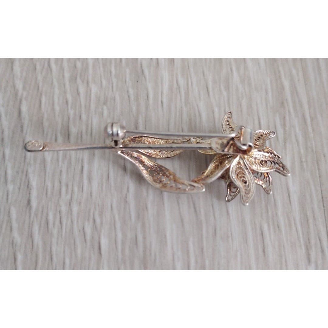 Italy 925 Vintage Filigree Floral Brooch - Thumbnail 4