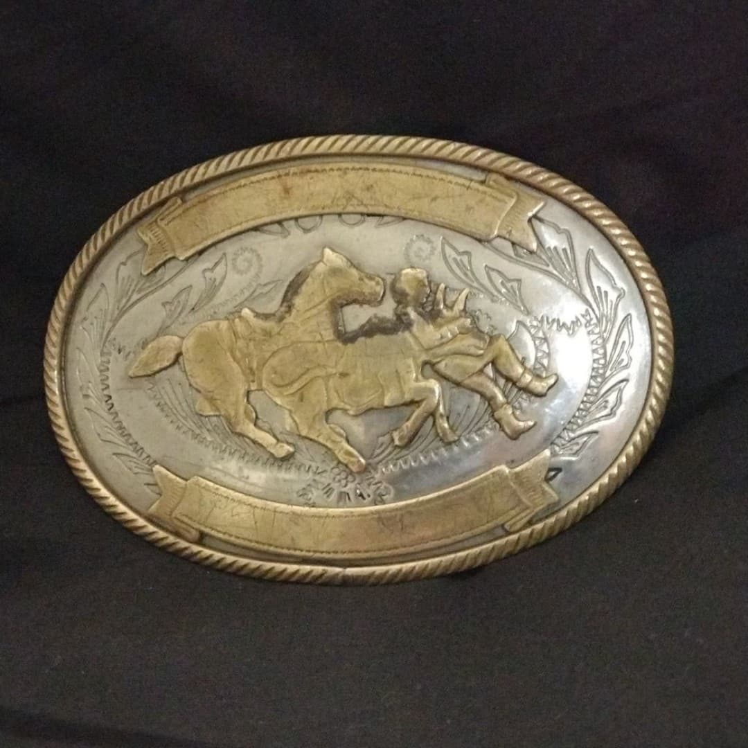 Steer Wrestler German Silver Belt Buckle - Vintage 1960's - Thumbnail 2