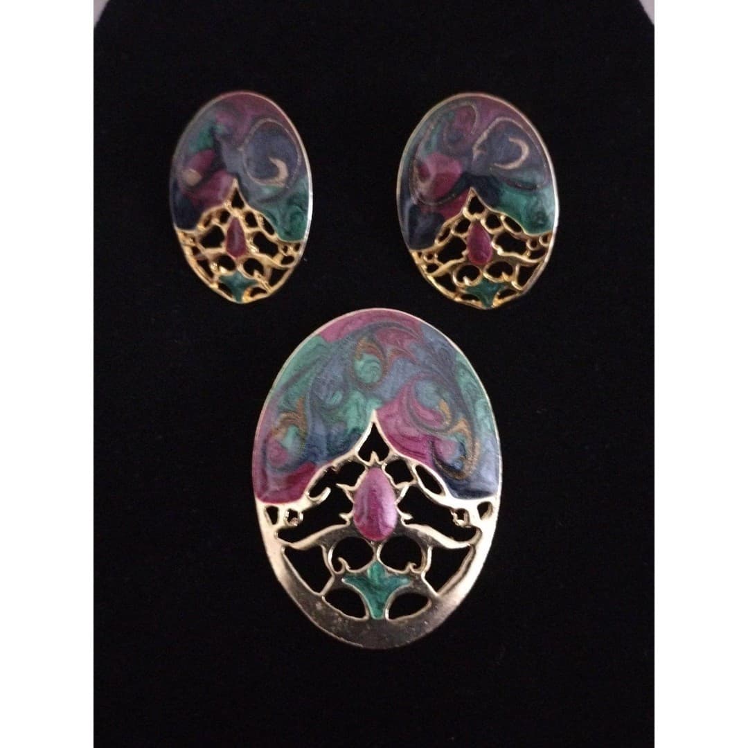 Vintage 80s Colorful Enamel Gold Oval Brooch/Pin & Earrings Set - Image 1