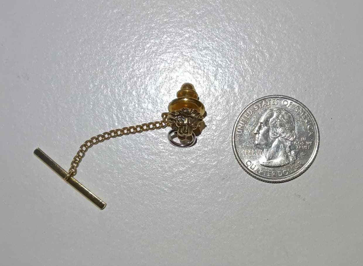 Vintage Swank Gold Tone Lion Head Door Knocker Tie Tack with Safety Chain & Bar - Thumbnail 2