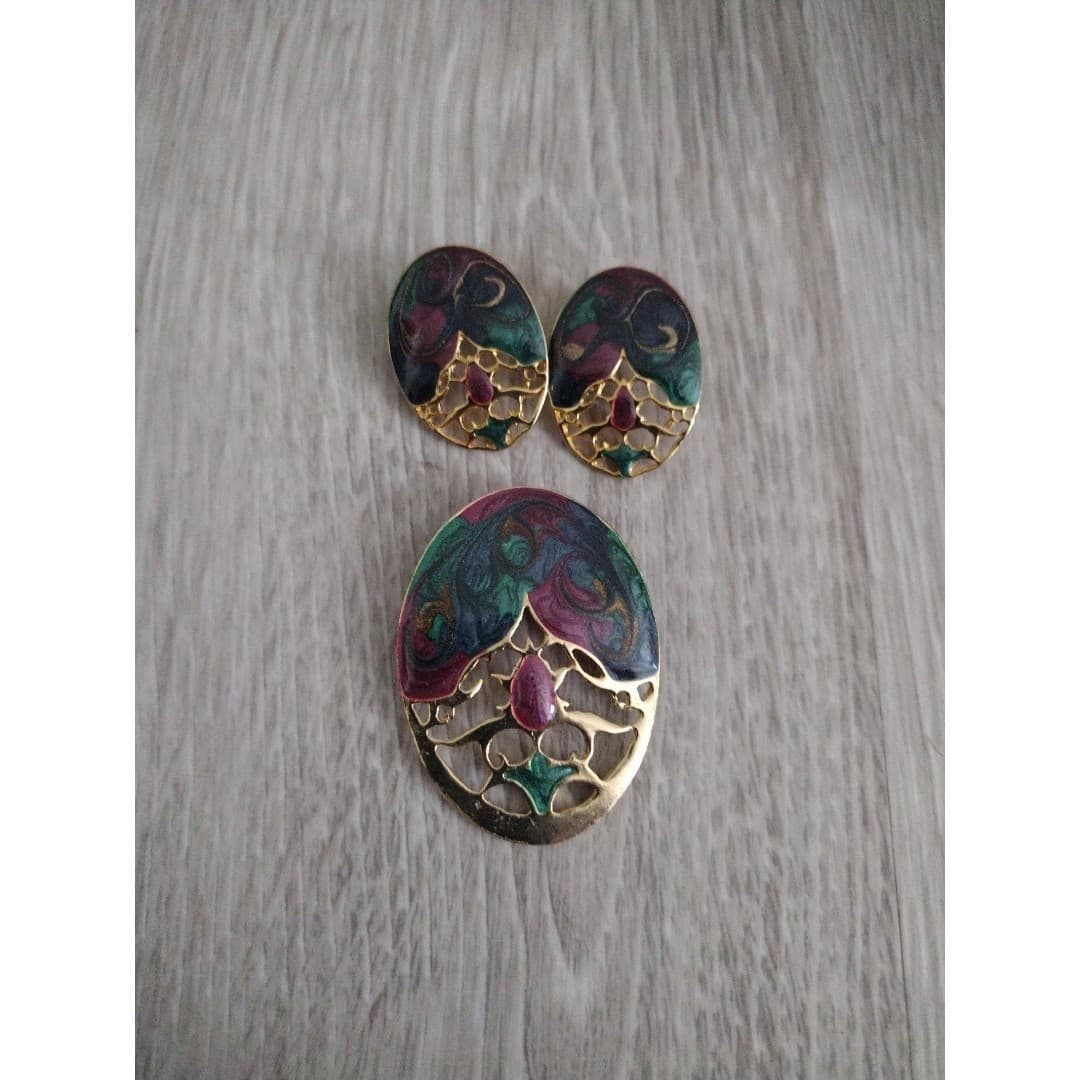 Vintage 80s Colorful Enamel Gold Oval Brooch/Pin & Earrings Set - Thumbnail 2